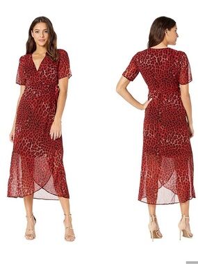 Bardot Red and Black Leopard Wrap Midi Dress